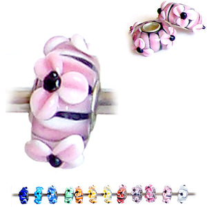 European 1 silver Lampwork Glass & silver raised FLOWER PINK light floral large hole bead