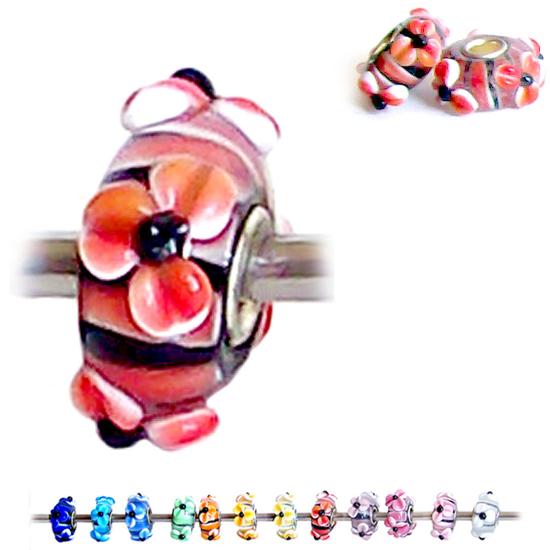 European 1 silver Lampwork Glass & silver raised FLOWER RED floral large hole bead