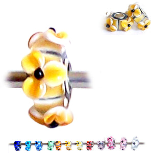 European 1 silver Lampwork Glass & silver raised FLOWER YELLOW floral large hole bead