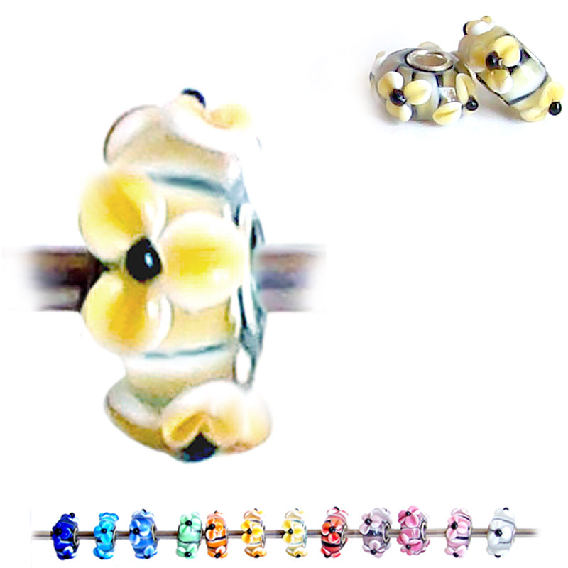 European 1 silver Lampwork Glass & silver raised FLOWER YELLOW light floral large hole bead
