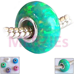 European 1 Sterling Silver Green OPAL Lab bead .925 14x7mm charm large hole - great flash
