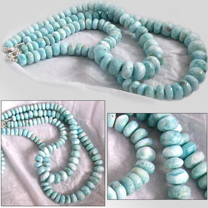 Rare Larimar Dominican sterling silver & natural blue white ~10-17mm graduated rondelle beads necklace
