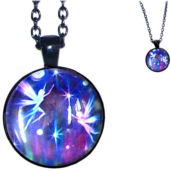 Black glass dome Fairies fantasy flowers purple pendant & lobster clasp chain