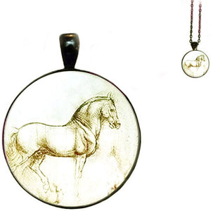 Black glass dome Horse Artist Sketch animal equine Flat pendant & lobster clasp chain