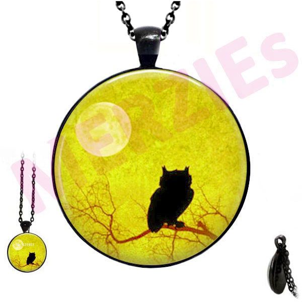 Black glass dome Owl on Limb Moon bird animal night wild pendant & lobster clasp chain