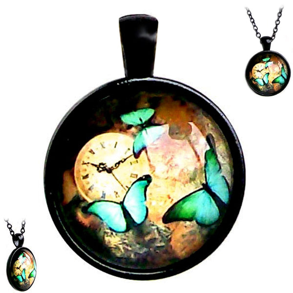Black glass dome Clock Woods Butterflies blue insect pendant & lobster clasp chain