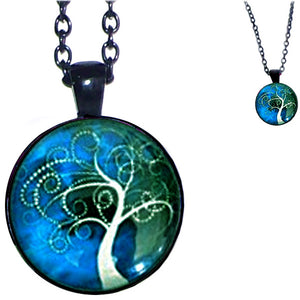 Black glass dome Tree of Life blue white black pendant & lobster clasp chain
