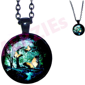Black glass dome Butterflies Woods dark insect pendant & lobster clasp chain