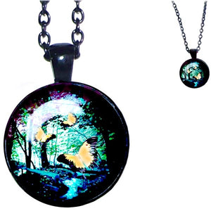 Black glass dome Butterflies Woods insect pendant & lobster clasp chain