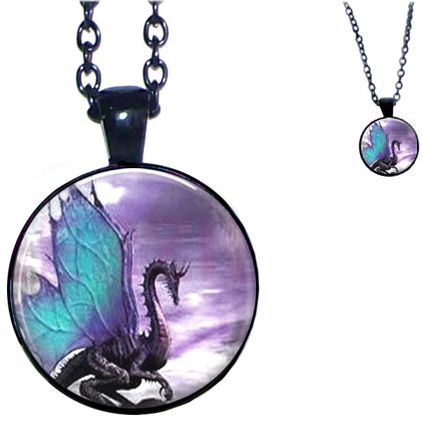 Black glass dome Dragon fantasy flying pendant & lobster clasp chain