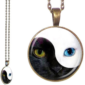 Bronze glass dome CAT Ying Yang eyes face black white blue animal round pendant & lobster clasp chain