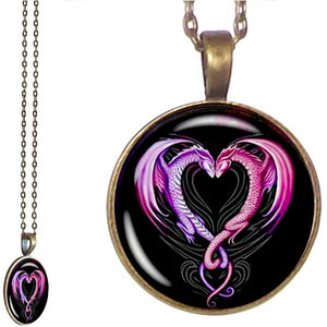 Bronze glass dome Dragons Heart design bright artistic round pendant & lobster clasp chain