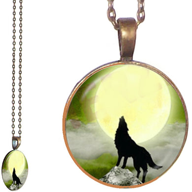 Bronze glass dome Howling Wolf black sitting wild animal yellow round pendant & lobster clasp chain