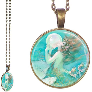 Bronze glass dome Mermaid ocean sea fantasy mystical round pendant & lobster clasp chain