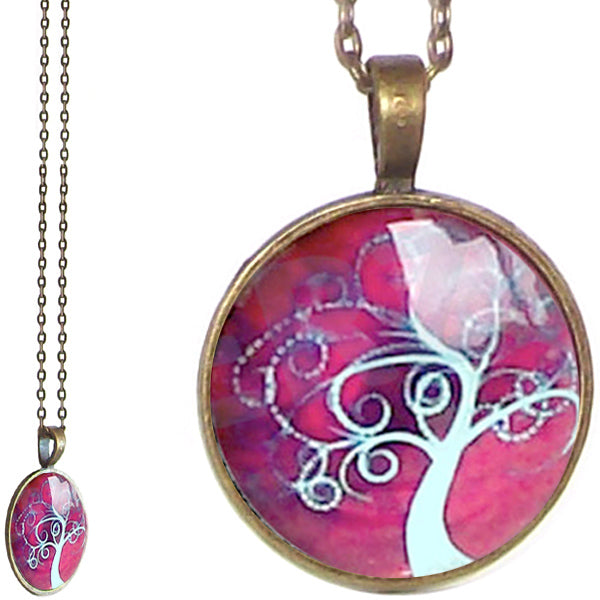 Bronze glass dome Tree of Life burgundy pink round pendant & lobster clasp chain
