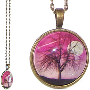 Bronze glass dome Tree of Life Moon Pink round animal pendant & lobster clasp chain