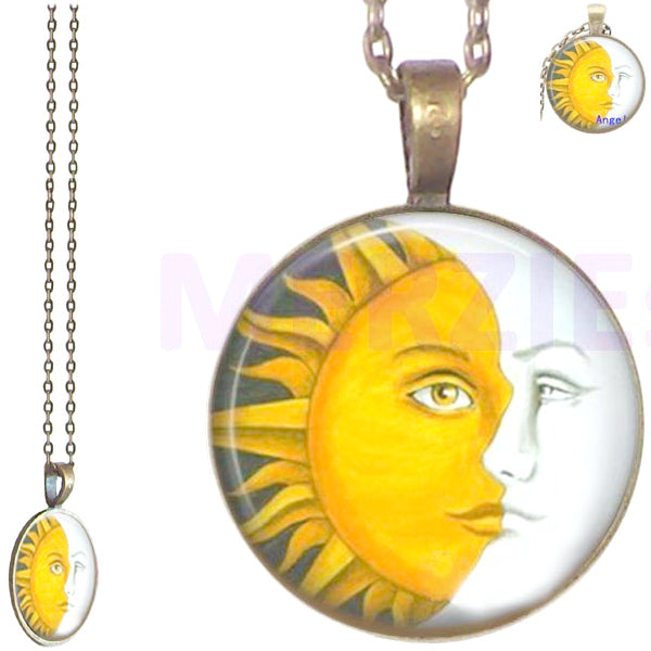 Bronze glass dome Sun Moon face round pendant & lobster clasp chain