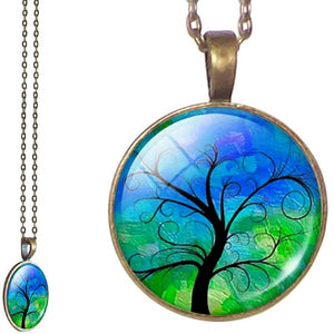 Bronze glass dome Tree of Life green yellow round pendant & lobster clasp chain