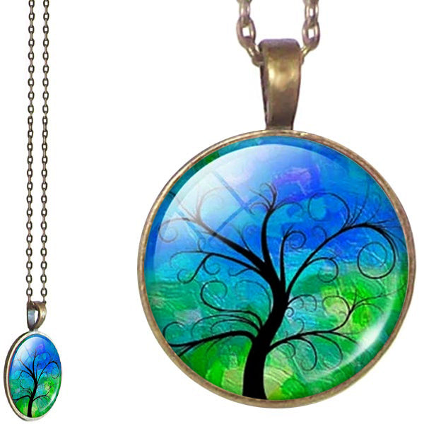 Bronze glass dome Tree of Life green yellow round pendant & lobster clasp chain