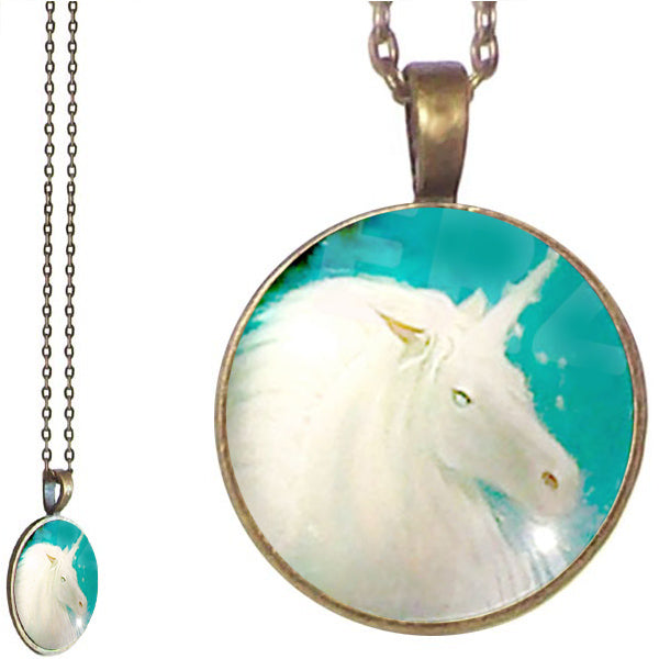 Bronze glass dome Unicorn white fantasy blue horn horse round pendant & lobster clasp chain