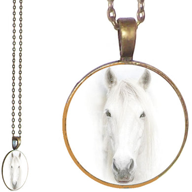 Bronze glass dome Horsehead horse head white animal yellow round pendant & lobster clasp chain