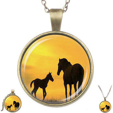 Bronze glass dome Horses sunset mare foal animals round pendant & lobster clasp chain