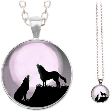 Silver glass dome Howling Wolves black wolf wild animal round pendant & lobster clasp chain