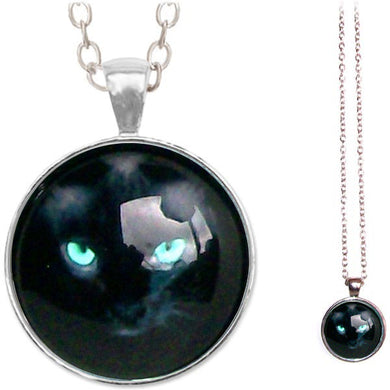 Silver glass dome CAT face eyes black white blue animal round pendant & lobster clasp chain