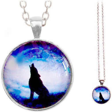 Silver glass dome Wolf Howling black blue round animal pendant & lobster clasp chain