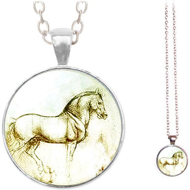 Silver glass dome Horse Artist Sketch animal equine pendant & lobster clasp chain