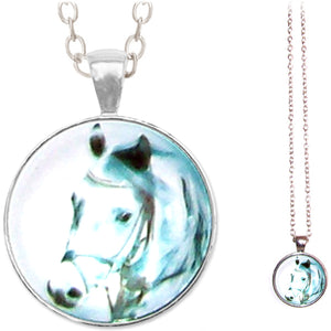 Silver glass dome HORSE head bridled white grey gray animal equine equestrian round pendant & lobster clasp chain
