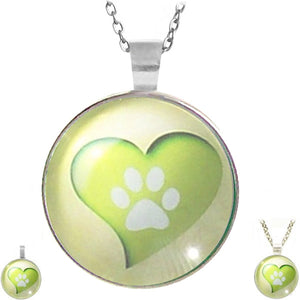 Silver glass dome Paw in Heart love animal dog cat round pendant & lobster clasp chain