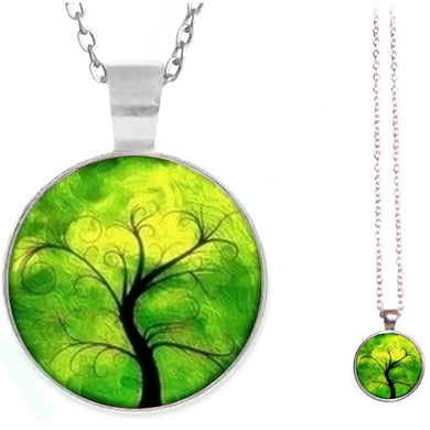 Silver glass dome Tree of Life green yellow pendant & lobster clasp chain
