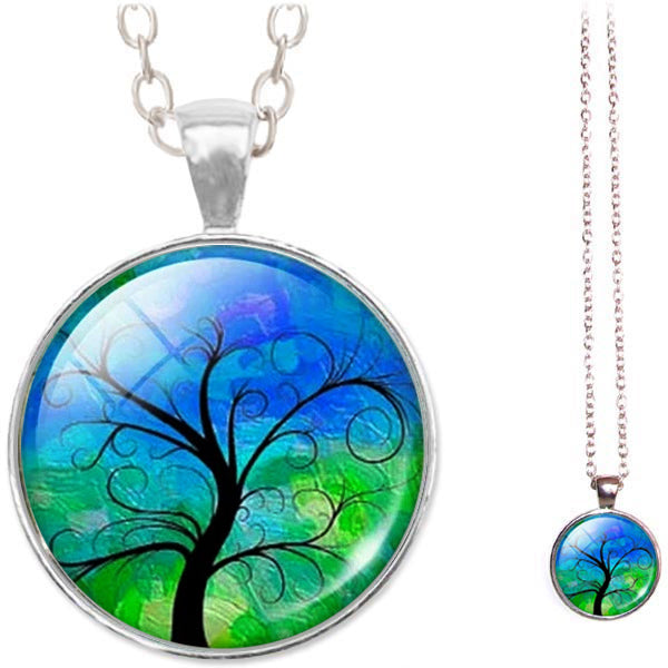 Silver glass dome Tree of Life green blue pendant & lobster clasp chain