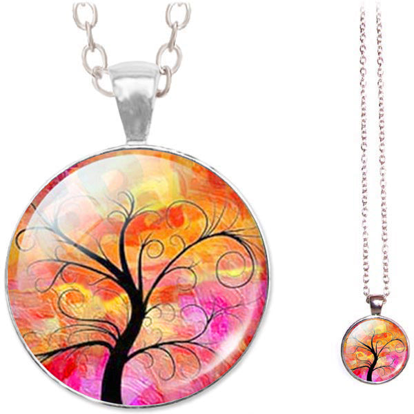 Silver glass dome Tree of Life pink orange pendant & lobster clasp chain