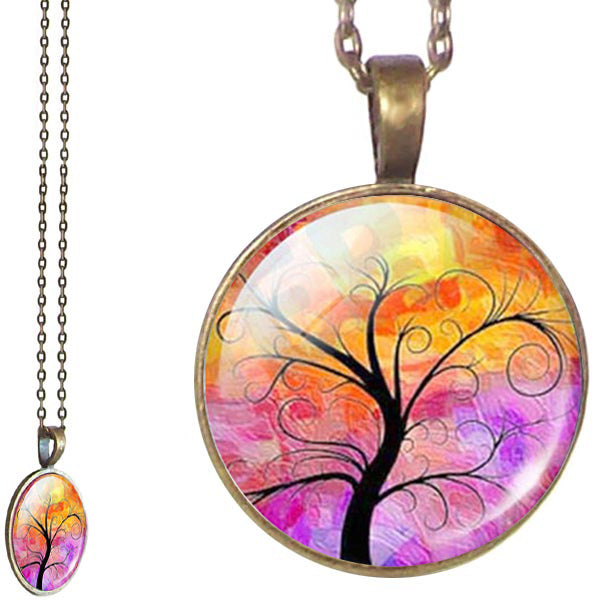 Bronze glass dome Tree of Life orange pink round pendant & lobster clasp chain