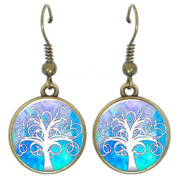 Bronze glass dome earrings TREE OF LIFE light blue white family heritage round dangle