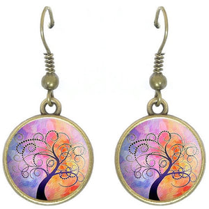 Bronze glass dome earrings TREE OF LIFE pink family heritage round dangle