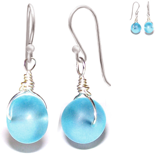 Artisan sterling silver Sea Glass earrings 14mm rondelle wire-wrapped -