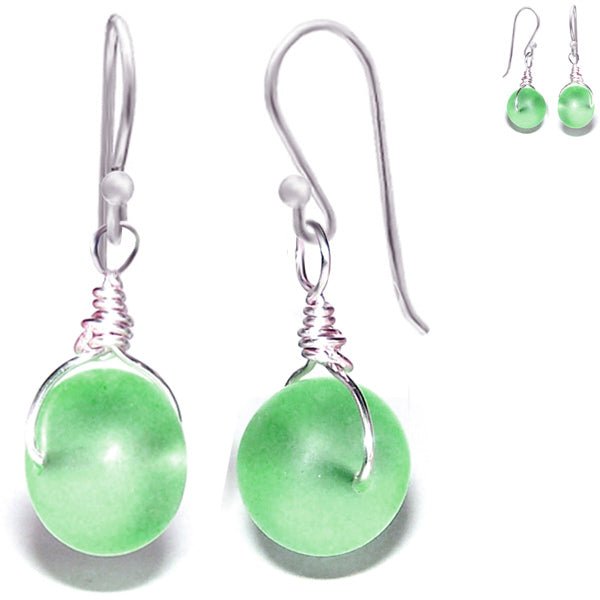 Artisan art sterling silver Sea Glass earrings 14mm rondelle wire-wrapped - green