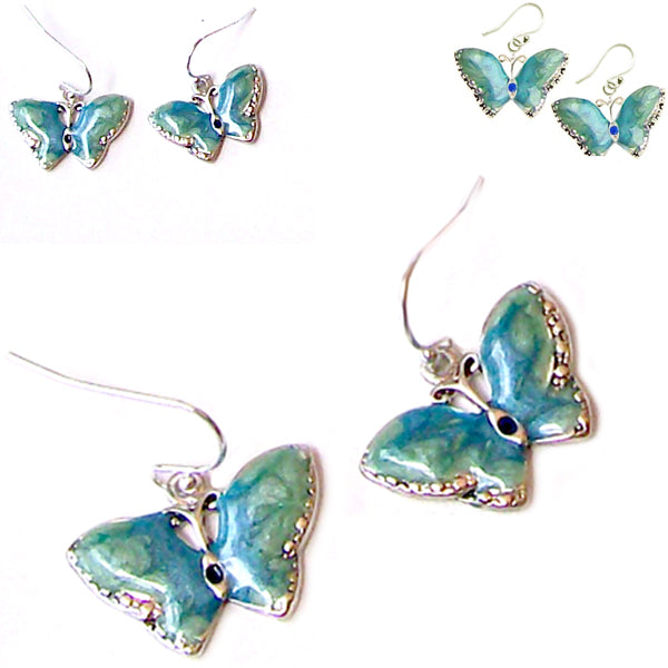 Silver-plated earrings Butterfly enamel blue green metal dangles - 1 pair
