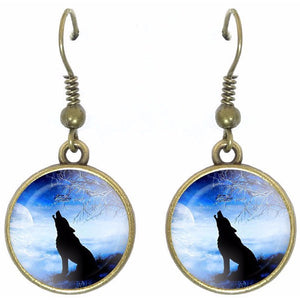 Bronze glass dome earrings HOWLING WOLF sitting Blue wild animal round dangle