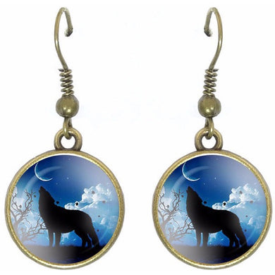 Bronze glass dome earrings standing HOWLING WOLF wild animal round dangle