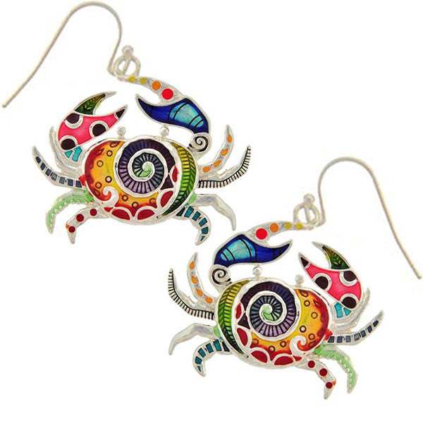 Silver-plated earrings Crab epoxy multi-colors sea ocean metal dangles - 1 pair