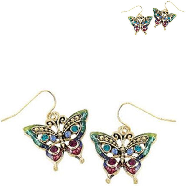Gold-plated earrings Butterfly crystals multi-colors dangles - 1 pair