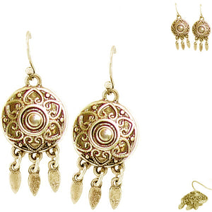 Silver- gold-plated earrings round Bali-like metal leaf dangles - 1 pair