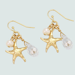Silver- gold-plated earrings Starfish metal pearl & crystal dangles - 1 pair