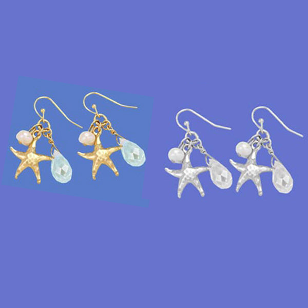 Silver- gold-plated earrings Starfish metal pearl & crystal dangles - 1 pair