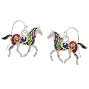 Silver-plated earrings Horse epoxy multi-color metal dangles - 1 pair