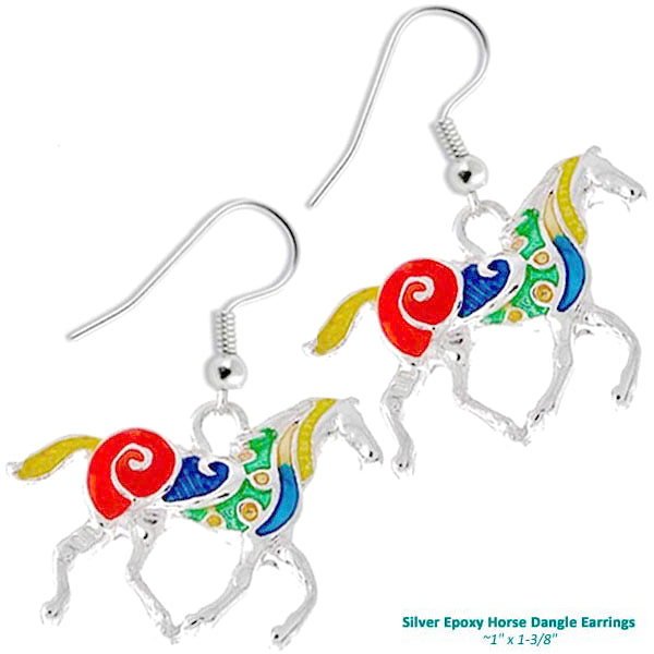 Silver-plated earrings Horse epoxy bright multi-color metal dangles - 1 pair